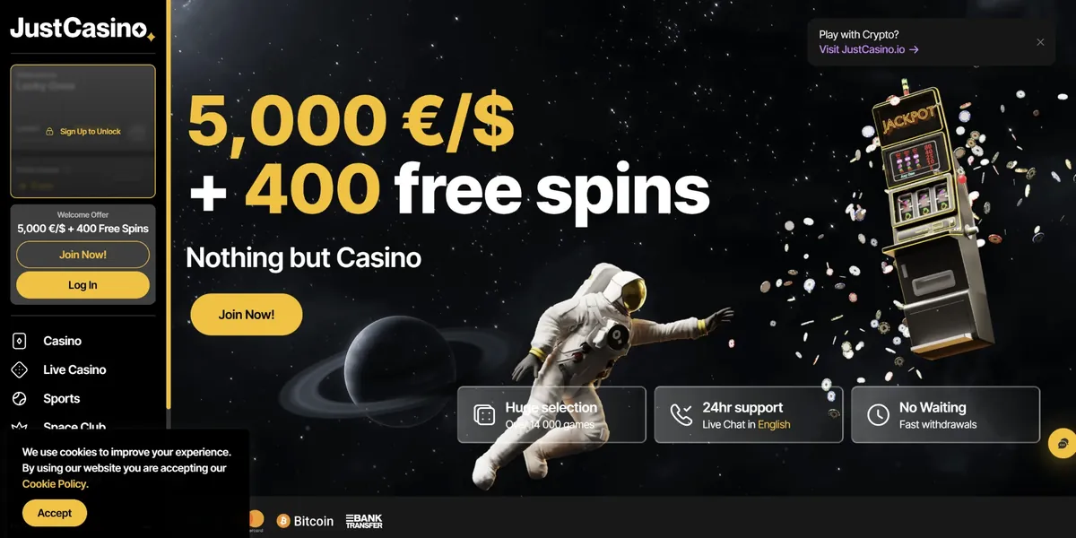 Referensbild av JustCasinos startsida