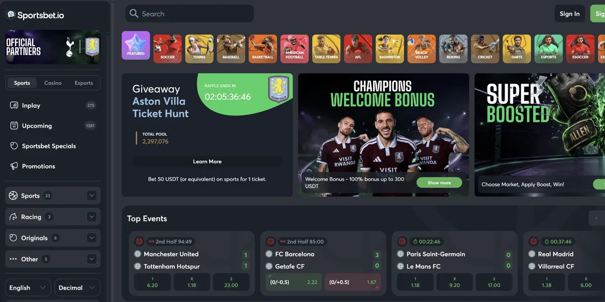 Referensbild av Sportsbet.ios startsida